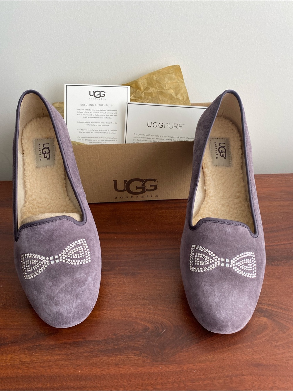 UGG Women's Lavender Suede Slip-On Flats with Crystal Bow Accent